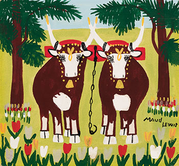 Two Oxen with Tulips par Maud Lewis
