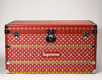 A LIMITED EDITION RED & WHITE MONOGRAM MALLE COURRIER 90 TRUNK WITH SILVER HARDWARE BY SUPREME by  LOUIS VUITTON X SUPREME
