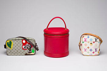 A SET OF THREE: A TAKASHI MURAKAMI MULTICOLOUR MONOGRAM RIFT; A VINTAGE KHAKI GREEN MONOGRAM MINI LIN CONTE DE FÉES MUSHROOM MINI POCHETTE; AND A VINTAGE ÉPI CANNES ROUGE VANITY BAG by  LOUIS VUITTON