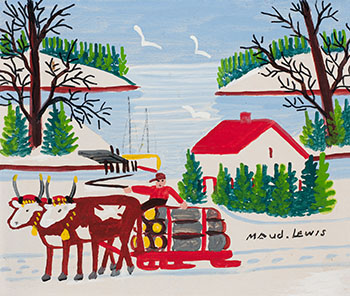 Oxen Hauling Logs, Winter par Maud Lewis