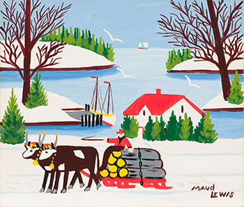 Oxen Pulling Logging Wagon by Maud Lewis