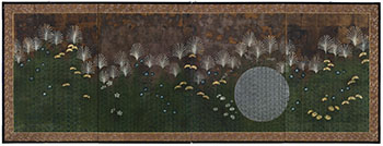 Rimpa School Style Four Panel Folding Screen
Florals at Night, Meiji Period (1868-1913) by  Japanese Art