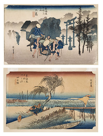 Two Views: Mishima, Morning Mist and Yokkaichi, Mie River by Ando Hiroshige