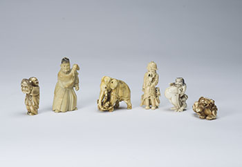 A Group of Six Japanese Ivory Okimono and Netsuke, 19th to 20th Century by  Japanese Art