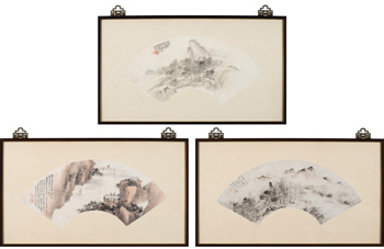 Three Chinese Fan Paintings of Mountains and Streams by  Chinese Art