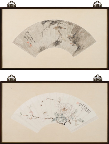 Two Chinese Framed Fan Paintings of Floral and Fauna by  Chinese Art
