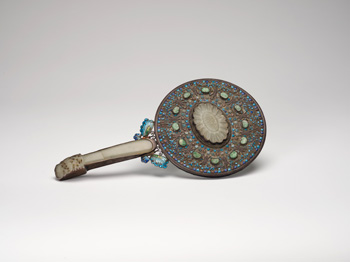 A Chinese Export Silver Enamel and Jade Inlay Mirror by  Chinese Art