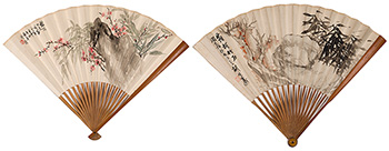Tan Zekai, Fu Zhu, Hu Gongshou, Huang Yuanrui, Two Folding Fans by  Chinese Art