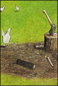 Chicken Passing a Chopping Block by William Kurelek