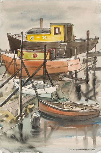 Boats at Dock par Jack Leonard Shadbolt