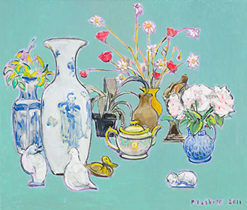 Flowers, Pots, Animals on Green by Joseph Francis (Joe) Plaskett