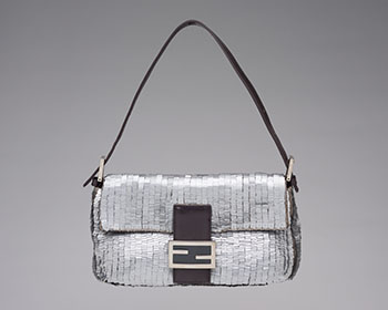 A SILVER SEQUIN EMBROIDERED BAGUETTE BAG WITH SILVER HARDWARE by  FENDI