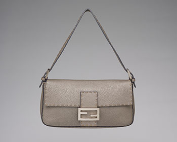 A LIMITED EDITION GREY CUOIO ROMANO LEATHER SELLERIA BAGUETTE BAG WITH PALLADIUM-FINISH HARDWARE AND 925 STERLING SILVER PLATE by  FENDI