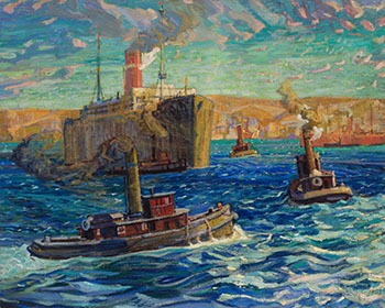 Tugs and Troop Carrier, Halifax Harbour, Nova Scotia par Arthur Lismer