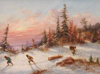 Indian Hunters Crossing a Winter Clearing at Sunset par Cornelius David Krieghoff