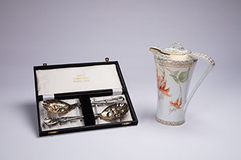 Simpsons Floral Patterned Chocolate Pot (#1468) and Simpsons Treasure House Silver Plated Berry Spoons (#1406) by Hudson's Bay Company 