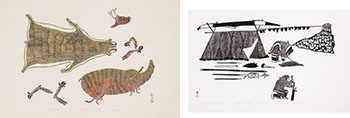 Two works: Skinned Caribou (00383), Setting up a Summer Camp (00611) by Kananginak Pootoogook