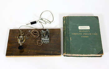 Telegraph keypad and relay mounted on wood (#1439) by Hudson's Bay Company 