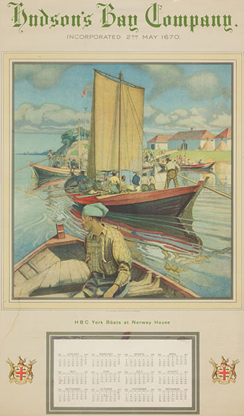 HBC 1930 Calendar ft. Walter Joseph Phillips - HBC York Boats at Norway House, 1928 (#00061) by Hudson's Bay Company 