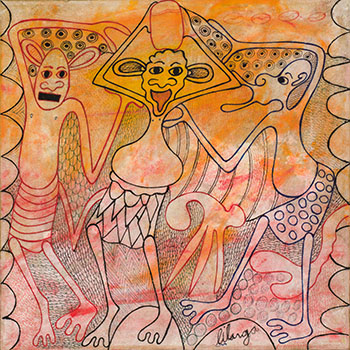 Three Dancing Figures in Orange and Red by George Lilanga