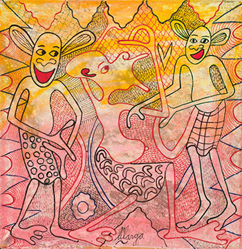 Three Dancing Figures in Orange and Red 2 by George Lilanga