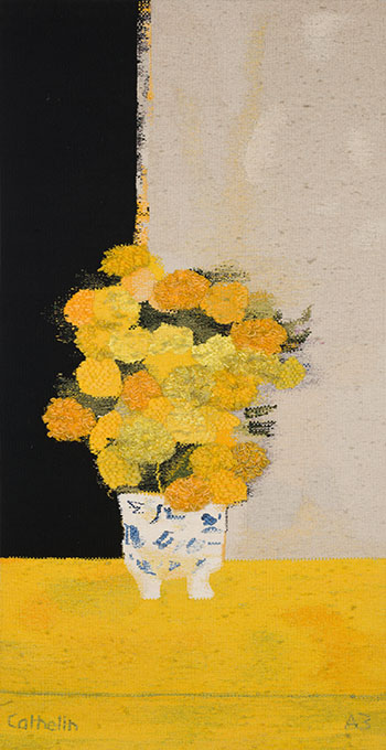 Bouquet de roses d'lude au vase de Chine et à la table jaune par Bernard Cathelin