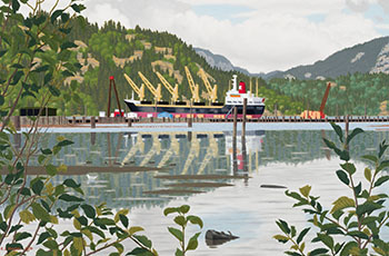 View of a Freighter at Cowichan Bay par Edward John (E.J.) Hughes