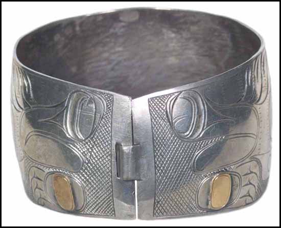 Early Northwest Coast Carved Silver Bracelet with Copper Overlay by Unidentified Haida Artist