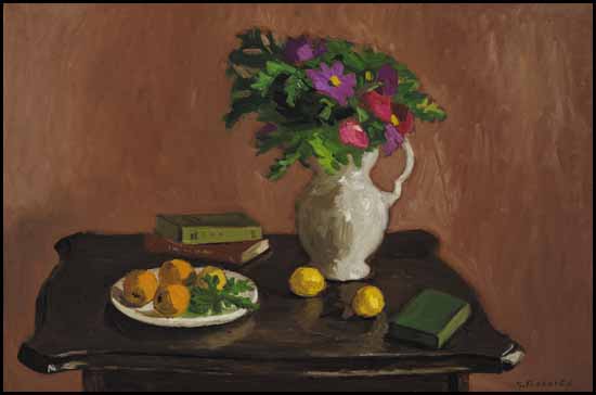Still Life with Wild Roses, Fruit and Books by William Goodridge Roberts