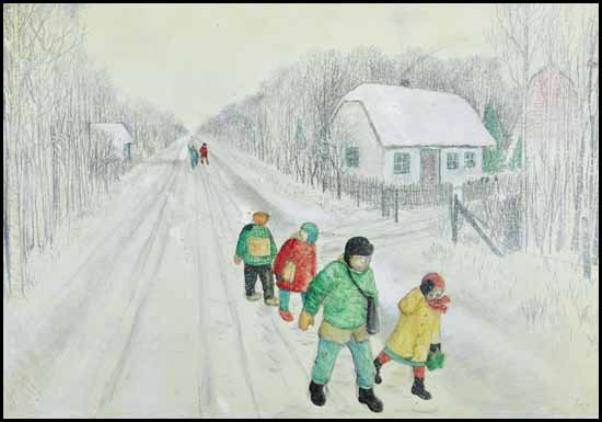 Ukrainian-Canadian Children Schoolbound, Stuartburn, Manitoba par William Kurelek