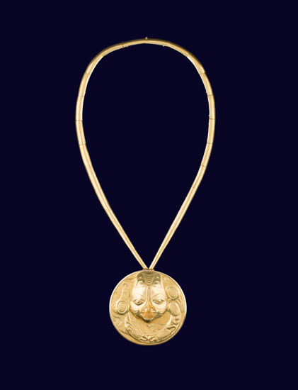 Gold Transformation Pendant and Necklace, Dogfish Woman Design with detachable Female Mask by William Ronald (Bill) Reid