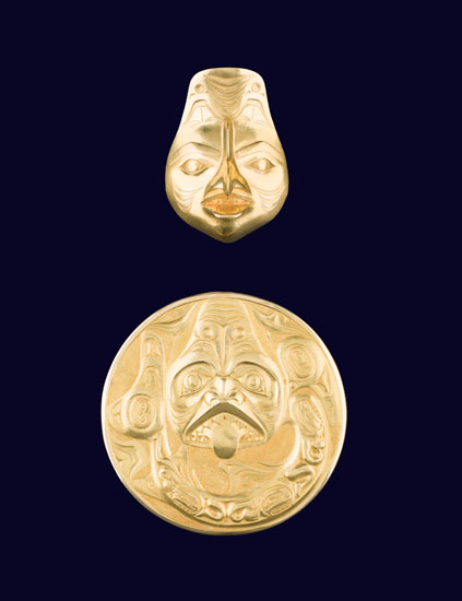 Gold Transformation Pendant and Necklace, Dogfish Woman Design with detachable Female Mask by William Ronald (Bill) Reid