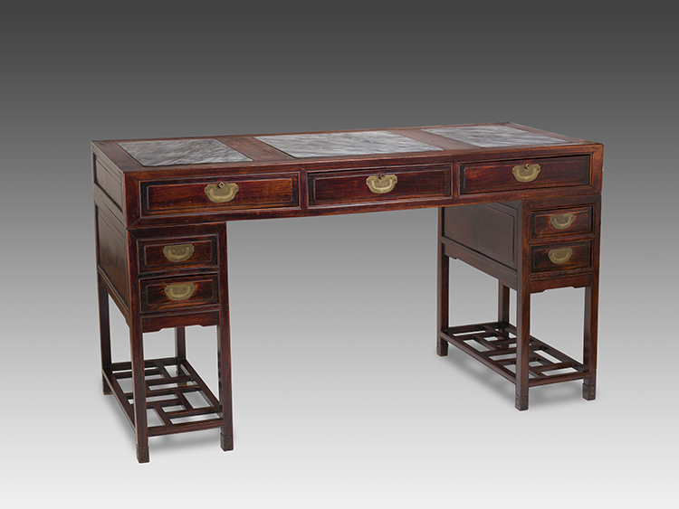 A Chinese Rosewood and Marble Inset Three-Piece Pedestal Desk, Late Qing Dynasty, 19th Century par  Chinese School