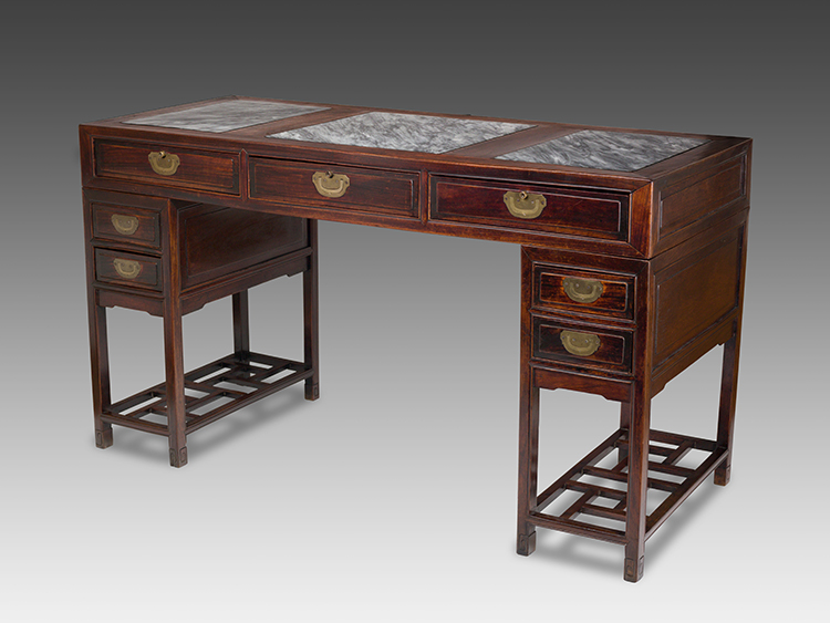 A Chinese Rosewood and Marble Inset Three-Piece Pedestal Desk, Late Qing Dynasty, 19th Century by  Chinese School