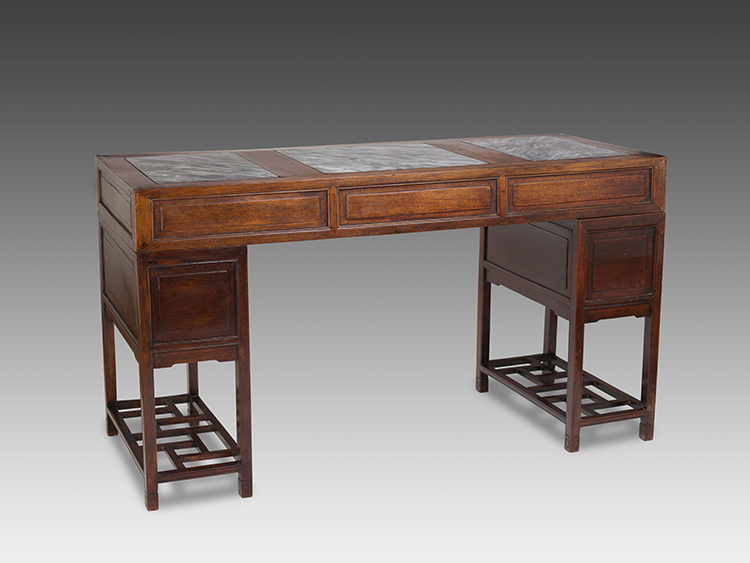 A Chinese Rosewood and Marble Inset Three-Piece Pedestal Desk, Late Qing Dynasty, 19th Century par  Chinese School