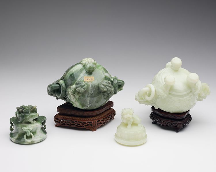 A Pale Celadon Jade and a Green Jadeite Tripod Censer and Cover, Mid-20th Century by  Chinese Art