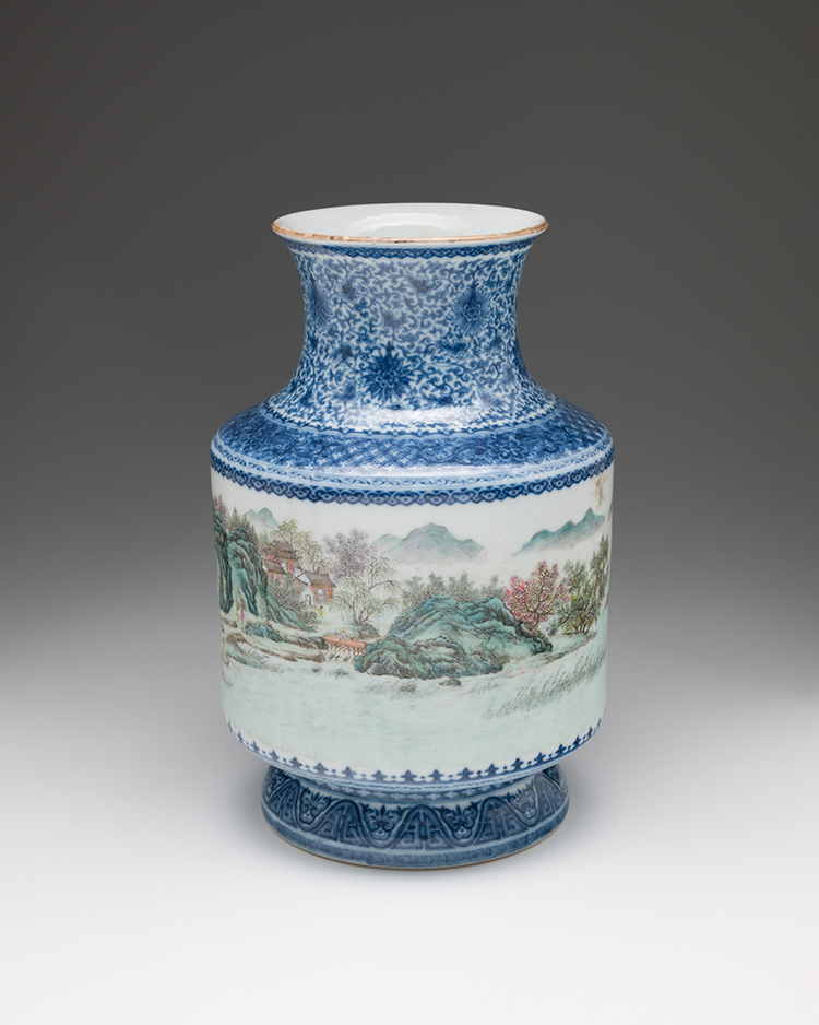 A Chinese Blue, White and Famille Rose 'Landscape' Lantern Vase, Qianlong Mark, Republican Period (1911-1949) by  Chinese Art