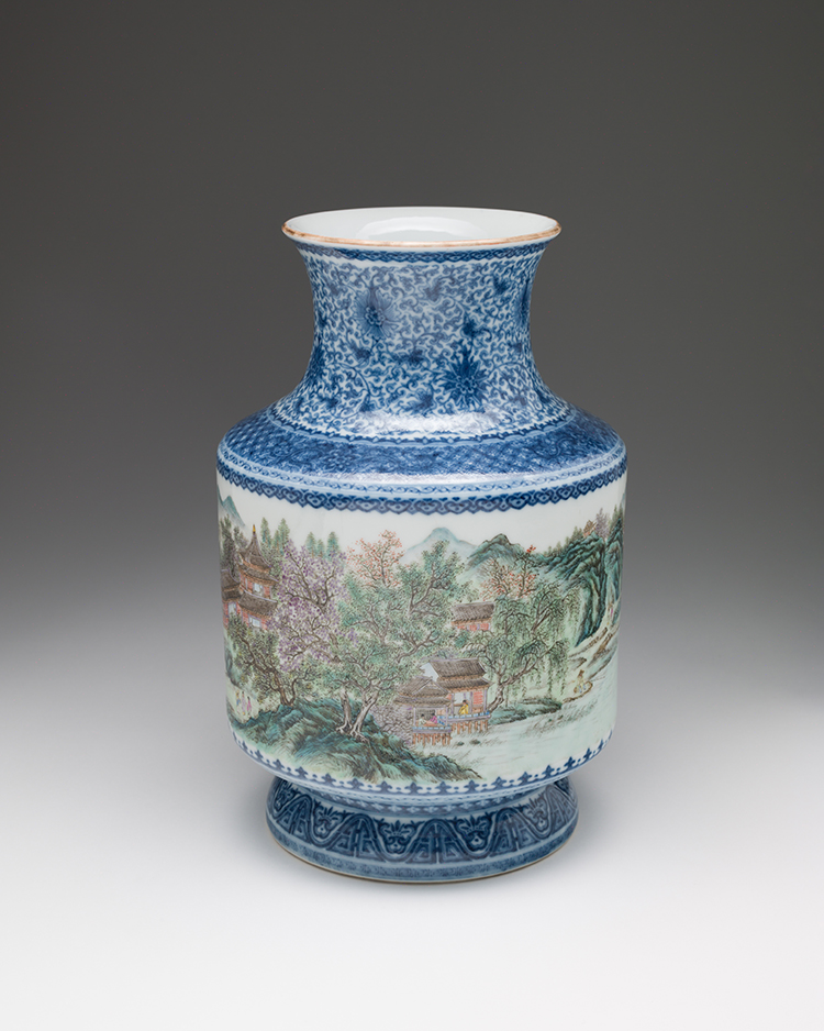 A Chinese Blue, White and Famille Rose 'Landscape' Lantern Vase, Qianlong Mark, Republican Period (1911-1949) by  Chinese Art