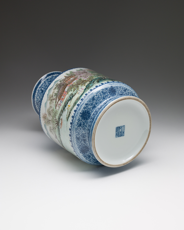 A Chinese Blue, White and Famille Rose 'Landscape' Lantern Vase, Qianlong Mark, Republican Period (1911-1949) by  Chinese Art