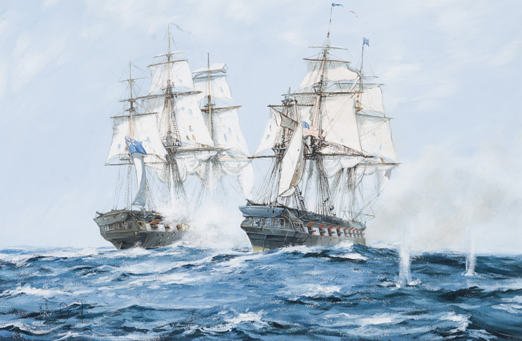 The Action between H.M.S. Java and USS Constitution, 1812 by Montague J. Dawson