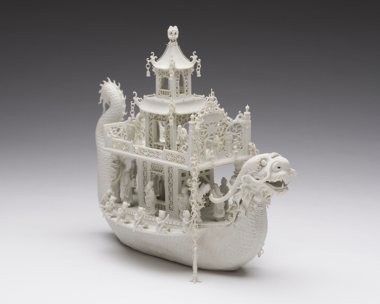 A Rare and Intricate Chinese Biscuit Porcelain Model of a Dragon Boat, Signed Chen Guozhi, mid 19th Century by  Chinese Art