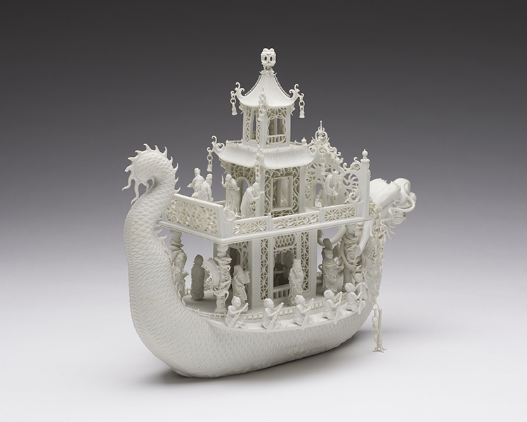 A Rare and Intricate Chinese Biscuit Porcelain Model of a Dragon Boat, Signed Chen Guozhi, mid 19th Century by  Chinese Art