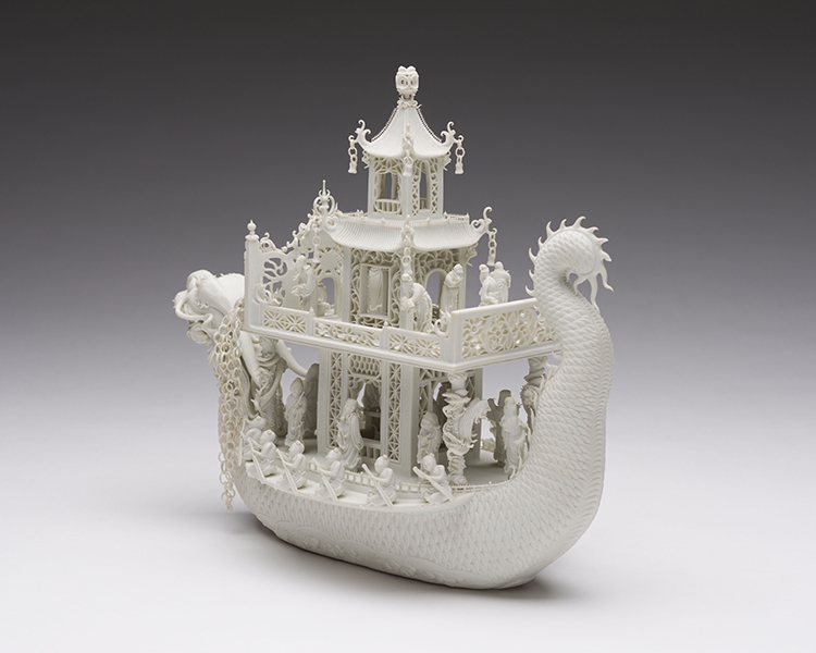 A Rare and Intricate Chinese Biscuit Porcelain Model of a Dragon Boat, Signed Chen Guozhi, mid 19th Century by  Chinese Art