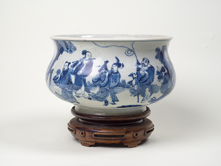 A Chinese Blue and White 'Eight Immortals' Bombé Form Censer, Kangxi Period (1664 - 1722) by  Chinese Art