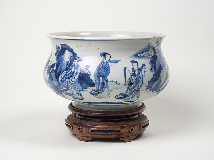 A Chinese Blue and White 'Eight Immortals' Bombé Form Censer, Kangxi Period (1664 - 1722) by  Chinese Art