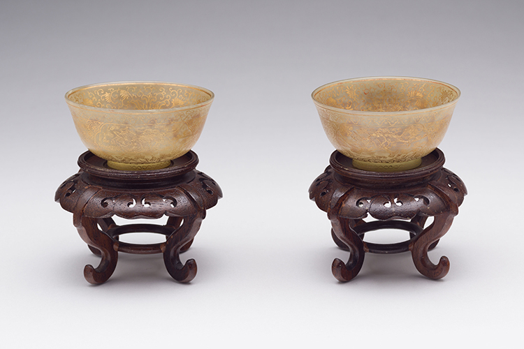 Pair of Chinese Gilt Painted Celadon Jade ‘Mythical Beast’ Bowls, Qianlong Mark and Probably of the Period (1736 - 1795) by  Chinese Art