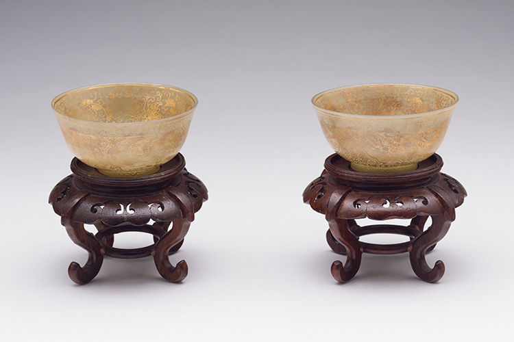 Pair of Chinese Gilt Painted Celadon Jade ‘Mythical Beast’ Bowls, Qianlong Mark and Probably of the Period (1736 - 1795) by  Chinese Art