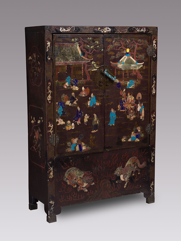 A Rare Chinese Soapstone and  Mother-of-Pearl Inlay Black Lacquer Cabinet, 18th/19th Century by Chinese Artist