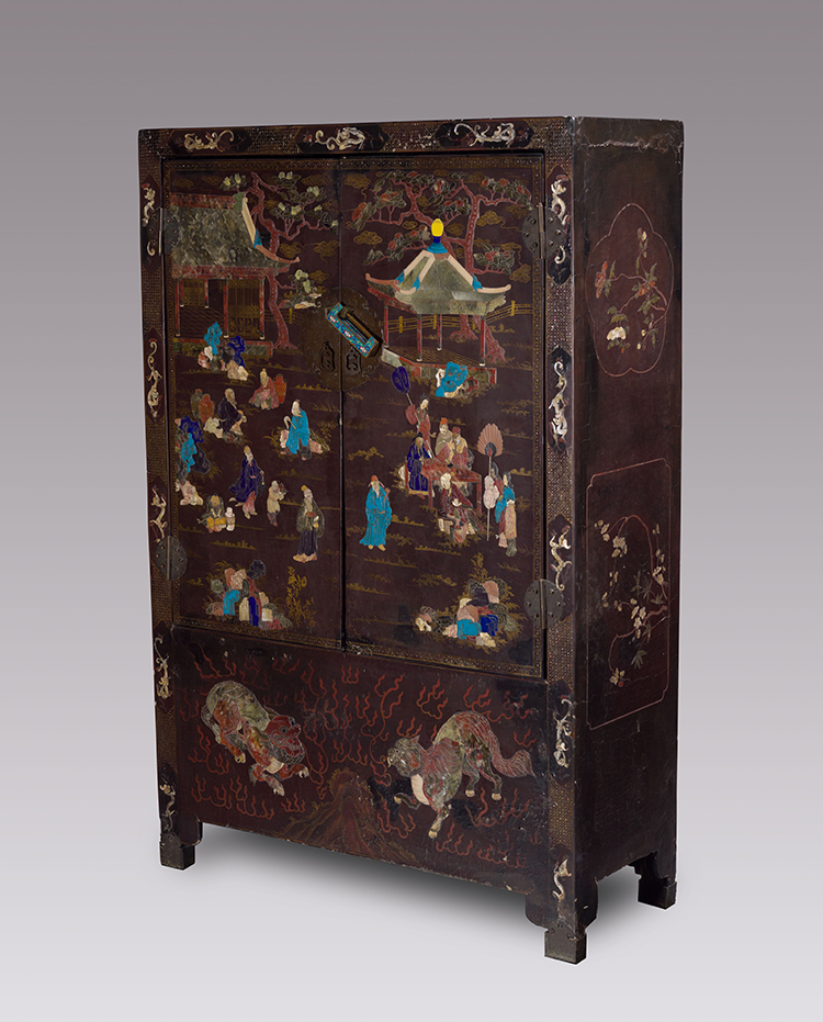 A Rare Chinese Soapstone and  Mother-of-Pearl Inlay Black Lacquer Cabinet, 18th/19th Century by Chinese Artist