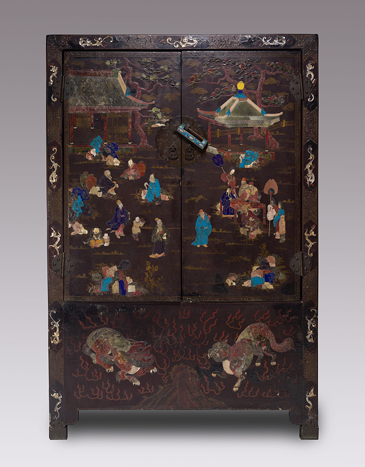 A Rare Chinese Soapstone and  Mother-of-Pearl Inlay Black Lacquer Cabinet, 18th/19th Century by Chinese Artist